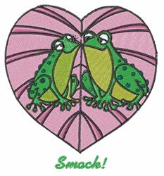Playful frogs face each other in a heart formed by a lily pad, set against a soft pink background.
