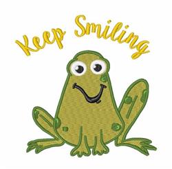 Playful frog with large eyes and spots, smiling beneath bright yellow 'Keep Smiling' text, perfect for cheerful decor.