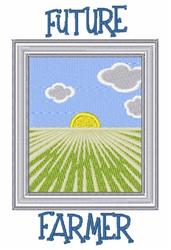 Playful fields with a rising sun, fluffy clouds, and 'FUTURE FARMER' text, perfect for spring children's decor.