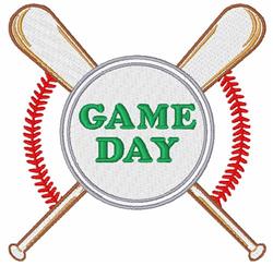 Circular patch features 'GAME DAY' in vibrant green, crossed baseball bats, and red stitching, perfect for sports season.
