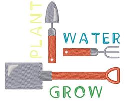 Playful garden tools including a trowel, shovel, and fork with colorful text 'PLANT', 'WATER', 'GROW' for spring.
