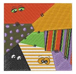 Playful abstract patchwork with geometric shapes, bright colors, polka dots, and cartoon eyes. Perfect for quilting.