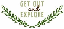 Modern text 'GET OUT and EXPLORE' in earthy tones with playful green leaves on a white background.