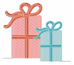 Playful gift boxes for holidays: a pink box with an orange ribbon and a blue box with a teal ribbon.