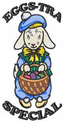 Cartoon goat in a blue outfit and hat, holding a basket of colorful eggs for Easter festivities.