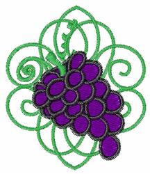 Colorful cluster of purple grapes with elegant green vine swirls, vibrant embroidery suitable for decor.