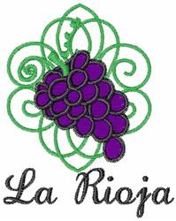 Colorful grape cluster design with purple grapes and green vines, featuring 'La Rioja' text below in whimsical style.