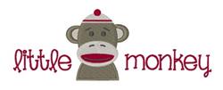 Cartoonish gray monkey head wearing a red hat with a pom-pom, featuring playful text 'little monkey' for cheerful decor.