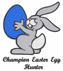 Playful gray rabbit holding a vibrant blue egg, smiling joyfully for Easter, with cheerful text below.