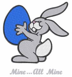 Playful gray rabbit holding a blue egg with a cheerful expression, set against a minimal background for Easter.