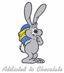 Cartoonish gray rabbit with a quizzical expression and blue-yellow backpack, perfect for Easter celebrations.