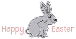 Whimsical gray rabbit with big ears and friendly expression, paired with pink 'Happy Easter' text.