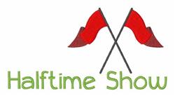 Playful text design highlighting 'Halftime Show' in bold green, centered above crossed red flags, perfect for sports.