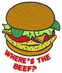 Cartoon hamburger with a sesame seed bun, vibrant lettuce, juicy tomato, and cheese. Bold text 'WHERE'S THE BEEF?'