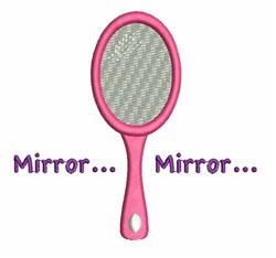 Hand mirror with a bright pink handle and a reflective surface, featuring playful 'Mirror... Mirror...' text in bold purple.