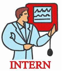 Cartoonish male intern in a light blue coat, holding a red presentation chart with text below, designed for educational use.