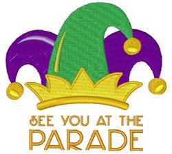 Playful jester hat in vibrant purple and green colors with yellow accents, featuring bold text for festivities.