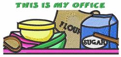 Colorful kitchen items: a yellow bowl, blue and brown bags of FLOUR and SUGAR, with a playful measuring cup.