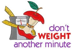 Playful kitchen scale with a red apple, bright green leaves, and yellow pencils. Humorous text adds charm.