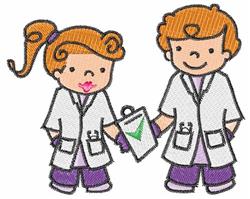 Cartoonish lab partners: a girl with curly hair and a boy in lab coats, both holding a clipboard with a checkmark.