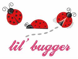 Playful ladybug trio in bright red with black spots, alongside pink cursive 'lil' bugger' text, exuding cheer.