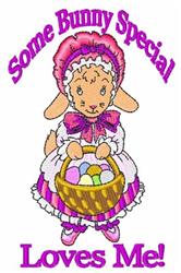 Cartoonish lamb in a pink bonnet holding a basket of colorful Easter eggs for festive decor.