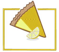 Lemon pie slice with vibrant yellow filling and brown crust, accompanied by a white lemon wedge against a playful yellow bord