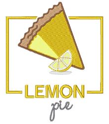 Colorful lemon pie slice with golden filling, crumbly brown crust, and a fresh lemon wedge for playful kitchen decor.