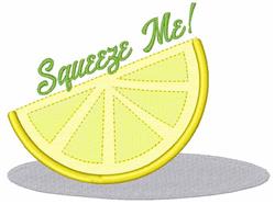 Playful lemon slice in vibrant yellow with green 'Squeeze Me!' text above and subtle shadow for depth.