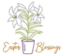 Whimsical lilies with soft petals in a green pot, featuring 'Easter Blessings' in warm orange. Perfect for festive décor.