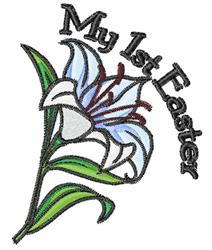 Applique lily flower with soft blue petals and red accents, surrounded by green leaves for Easter joy.