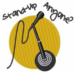 Bold microphone with coiled cord on a round base, vibrant yellow circle behind, featuring playful text 'Stand-Up Anyone?'. Id