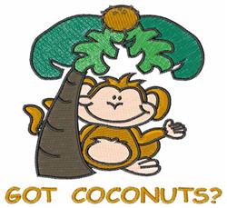 Cheerful monkey beside a coconut tree with lush leaves and bold 'GOT COCONUTS?' text in a playful cartoon style.