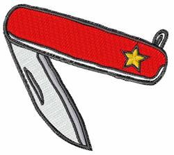 Cartoon multi-tool knife with a red handle, shiny silver blade, and a yellow star, perfect for vibrant embroidery.
