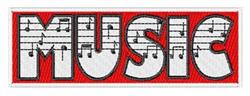 Bold graphic design featuring 'MUSIC' in white on a red background, adorned with musical notes.