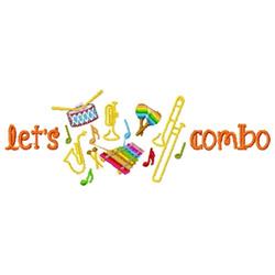 Playful embroidery design featuring a drum, trumpet, and xylophone with colorful musical notes and 'let's combo' text.