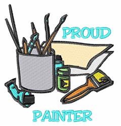 Colorful container of paint tools, featuring brushes, a green paint can, and artist paper. Vibrant artistic theme.
