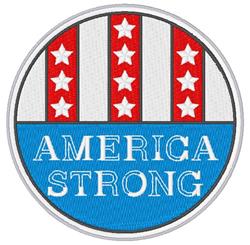 Patriotic circular patch with red and white stripes, white stars, and bold text 'AMERICA STRONG' in blue.