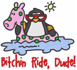 Playful penguin wearing red glasses floats on a pink, polka-dotted float in sunlit blue water.