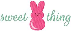 Playful pink bunny with a cute expression stands upright, featuring soft teal 'sweet thing' text, perfect for Easter.