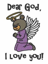 Whimsical bear in a purple robe kneeling in prayer with a halo and angel wings, saying 'Dear God, I LOVE you!'