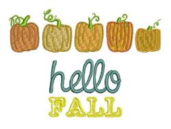 Cheerful pumpkins in shades of orange and tan with green vines, showcasing 'hello FALL' in teal and yellow, perfect for autum