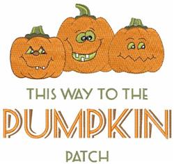 Playful applique design featuring three cheerful cartoon pumpkins in vibrant orange, perfect for Halloween.