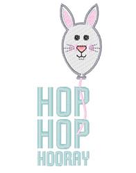 Playful rabbit balloon with a cute face and pastel colors, featuring 'HOP HOP HOORAY' text for Easter joy.