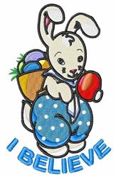 Cartoon rabbit in polka-dotted overalls holding an apple by a colorful Easter basket with eggs, perfect for spring.