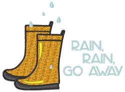 Bright yellow rain boots with black soles and blue text saying 'RAIN, RAIN, GO AWAY', surrounded by playful water droplets.