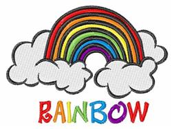 Colorful rainbow arched over fluffy clouds with the word 'RAINBOW' playfully embroidered below, perfect for spring.
