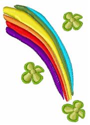 Whimsical rainbow with vibrant red, orange, yellow, green, blue, and purple bands, surrounded by playful green clovers.