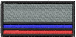 Rectangular patch with a gray background and black border, featuring bold blue and red stripes in a modern style.