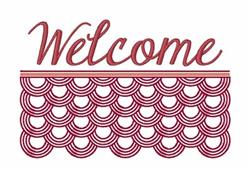 Redwork design with 'Welcome' in elegant font, adorned with a scalloped border in rich red color.